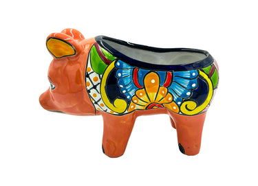 Mexican Talavera Piggy Planter Pot Hand Painted - Pink Trim